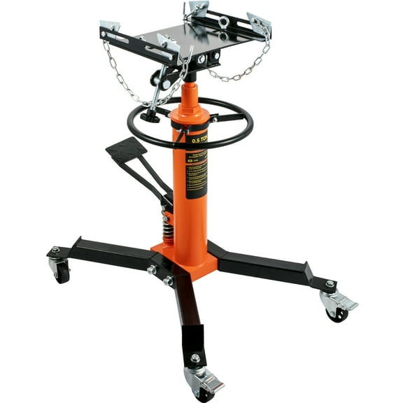 KFFKFF Hydraulic Telescopic Transmission Jack, 1/2 Ton (1100 lbs) Capacity, 2-Stage Floor Jack with Foot Pedal and 360° Swivel Wheels, Ideal for Garage and Workshop Use, Orange