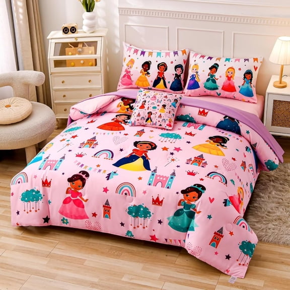 6 Pieces Pink Princess Comforter Set for Girls Twin,Bed in A Bag Princess Bedding Set for Girl Kids