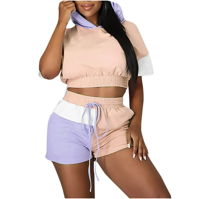 Yuyuzo Womens Sweat Suits 2 Piece Set Short Sleeve Color Block Hoodie Oversized Sweatshirts Shorts Tracksuits