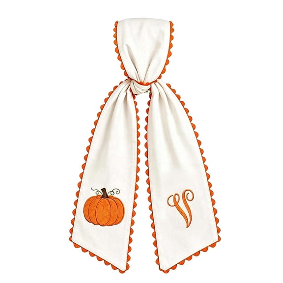 Halloween Pumpkin Wreath Sash Fall Front Door Orange Bow Sash, 1pc Monogrammed Ribbon with A to Z Embroidery, 50x4 Inch Polyester Wreath Decor(V)