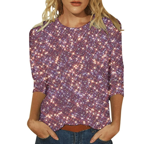 Tshirts Women 3/4 Sleeve Casual Sequined Crew Neck Loose Printed Women's Tops Pink M