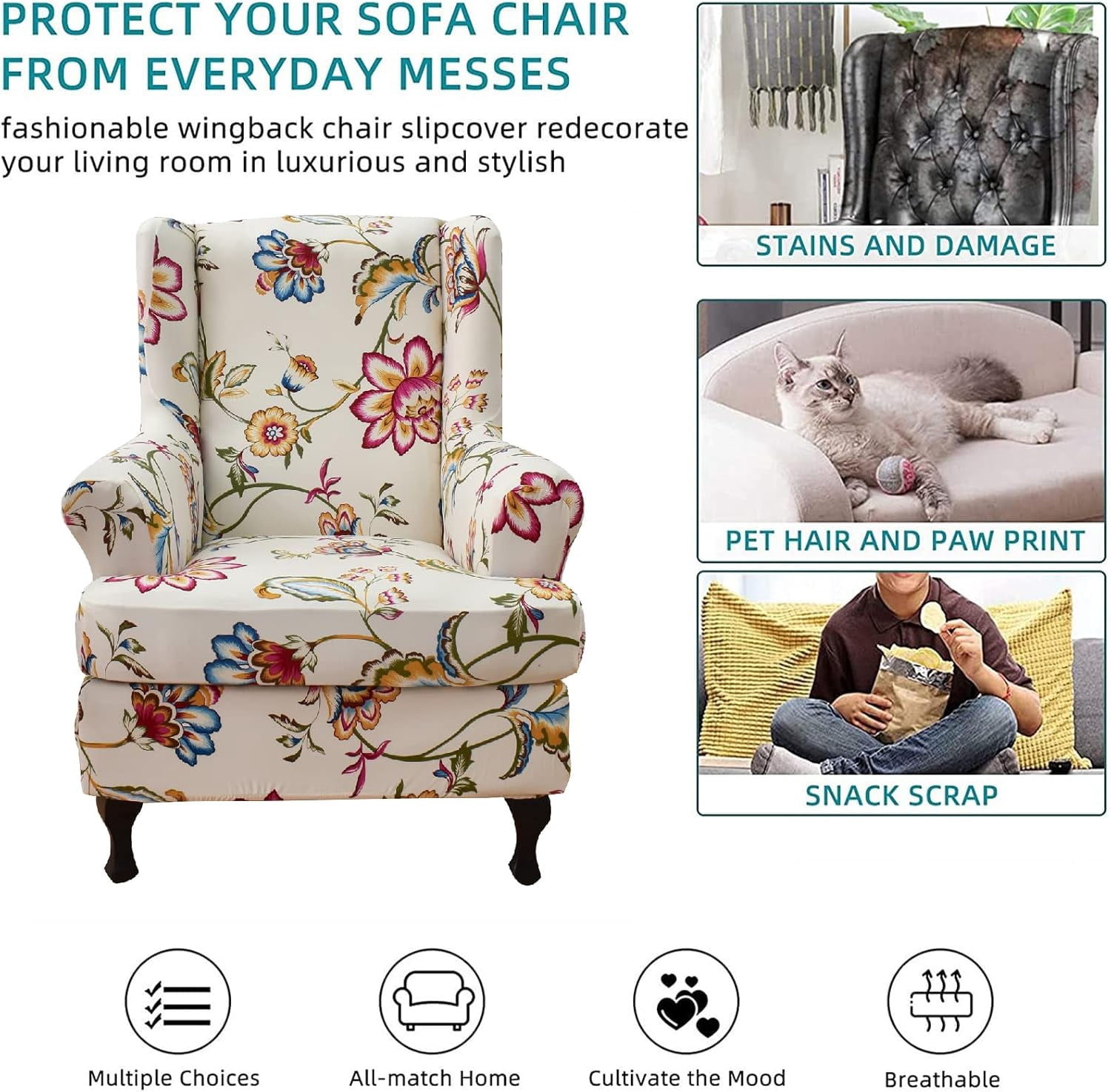 PTSPLLMY Waterproof Wingback Chair Slipcover 2-Piece Stretch Wing Chair Covers Printed Wingback Armchair Slipcover Soft Sofa Covers Furniture Protector Chair Covers for Living Room Armchair, B8