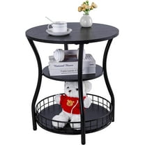 Round Side Table, 3-Tier Accent End Table with Storage Shelf, Corner Sofa Beside Table for Small Spaces,Nightstand with Metal Frame for Living Room, Bedroom (Black)