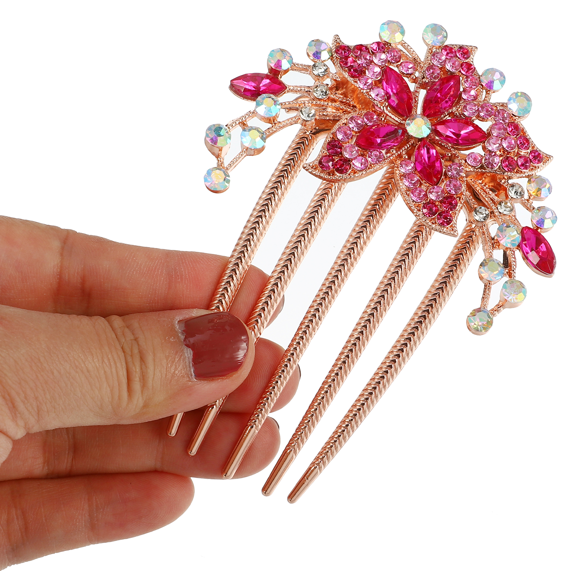 Unique Bargains Women Rhinestone Inlaid Flower Hair Comb 1Pc Rose Red