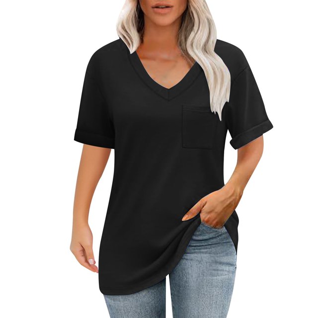 Posijego Women's V Neck Pocket T-Shirts Basic Short Sleeve Tees Solid Color Loose Summer Shirt Tops