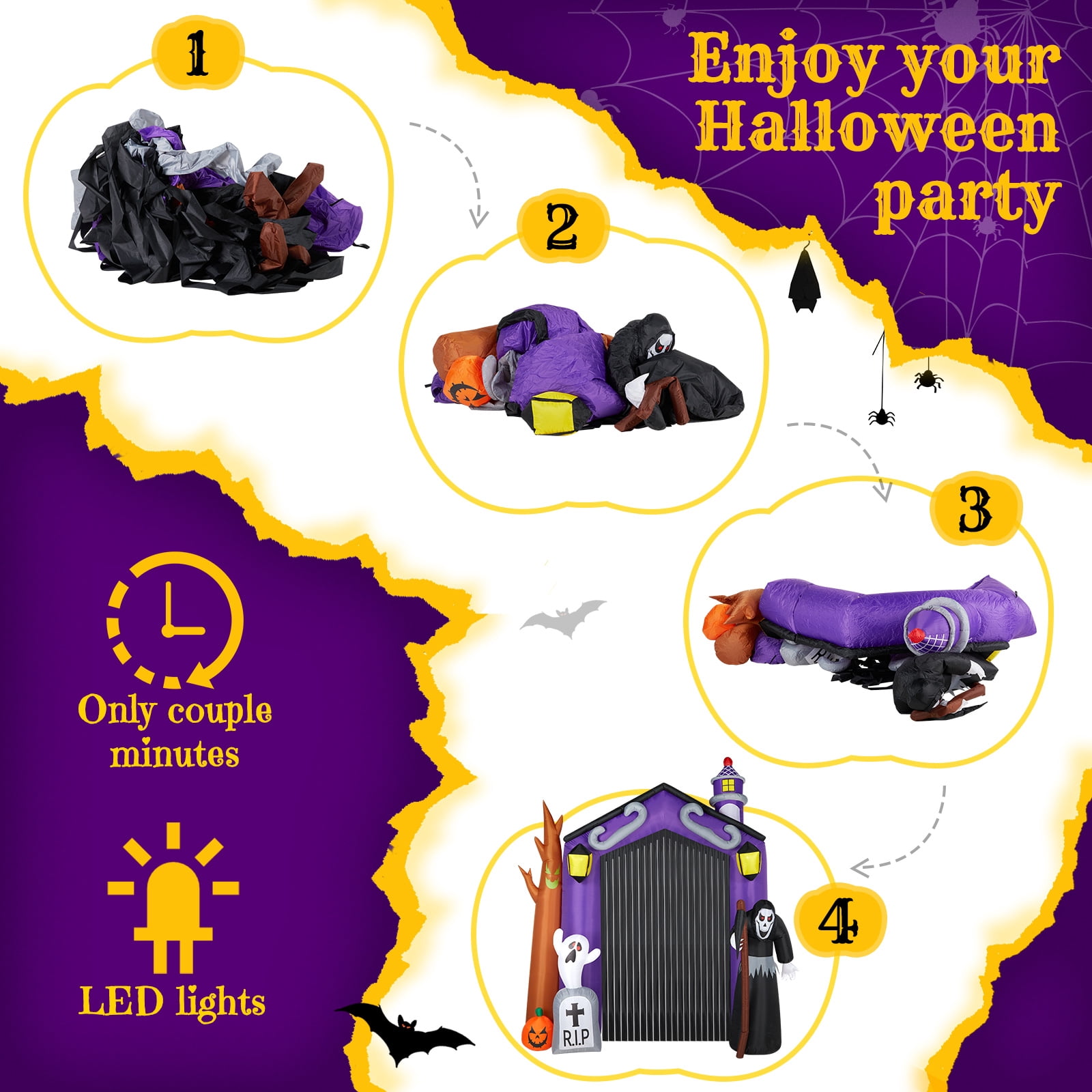 9.8 FT Halloween Inflatable Haunted House Castle Archway with Grim Reaper & Ghost, LED Lights for Yard/Party