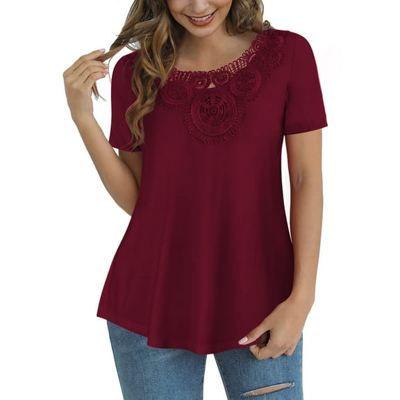 FOLUNSI Womens Plus Size Tops Short Sleeve Shirts Blouses Lace Pleated Tunic Tops