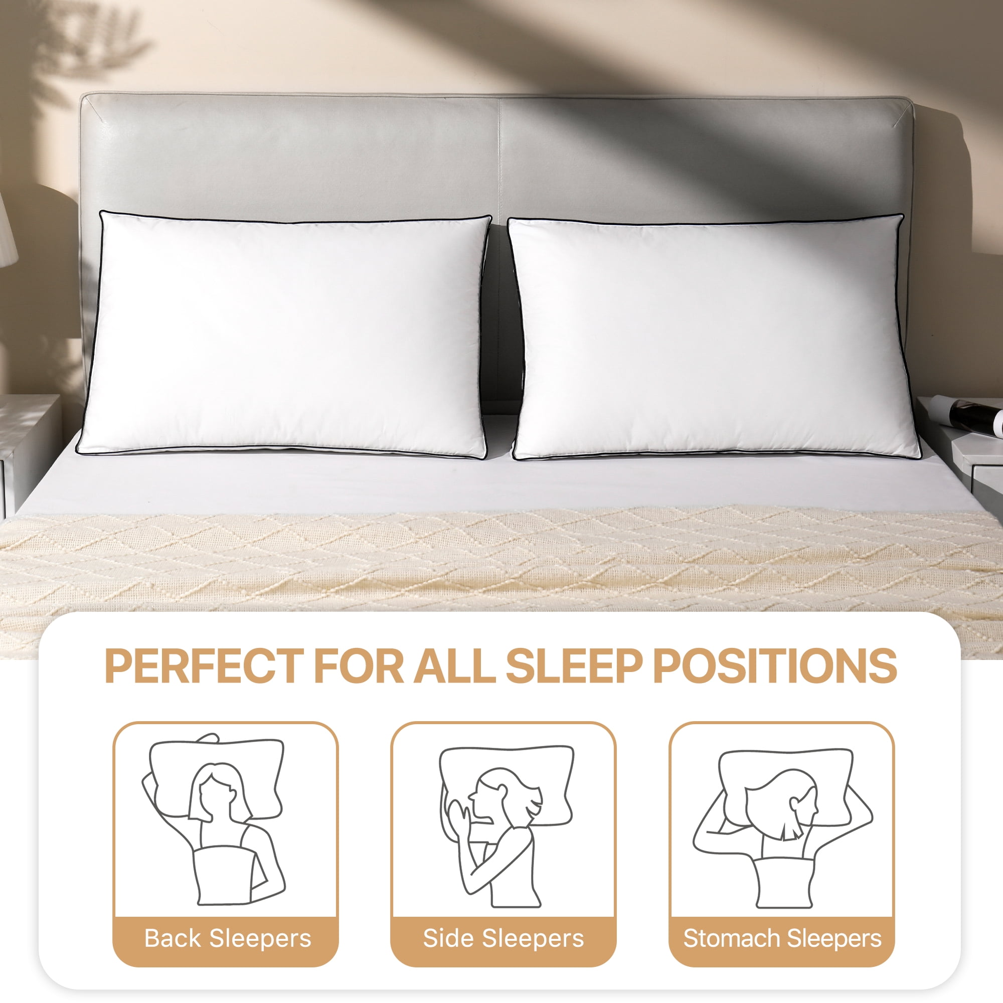 Howsheep Gusseted Feather Down Pillow Set of 2, Medium Firm Hotel Bed Pillows 2 Pack, Queen Size for Side Sleepers, 20 x 30 in