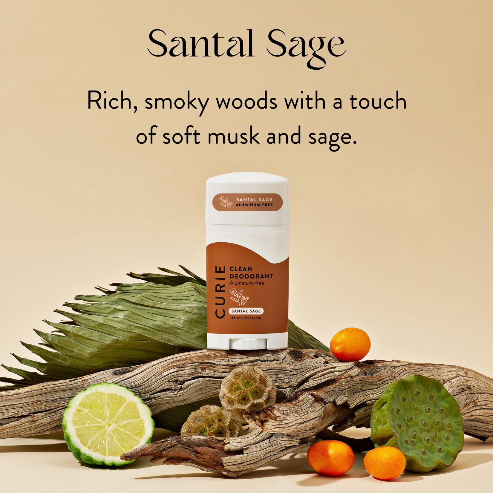 (3 pack) Curie Natural Deodorant Stick, Santal Sage, Aluminum-Free, for Men and Women, 2 oz