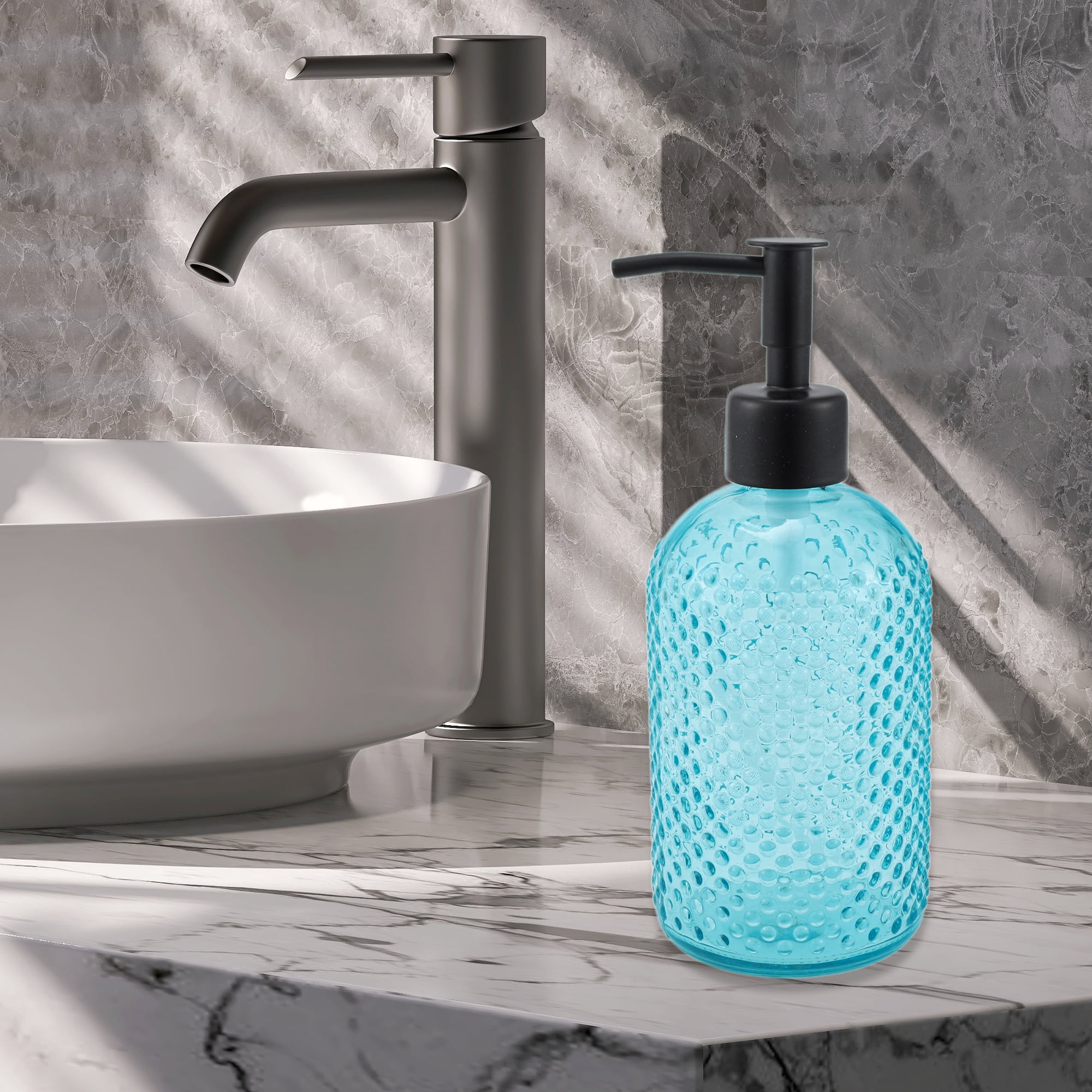 Unique Bargains 1 Pc Elegant Circle Raindrop Pattern Soap Pump Dispenser for Bathroom 13.52oz Blue Black