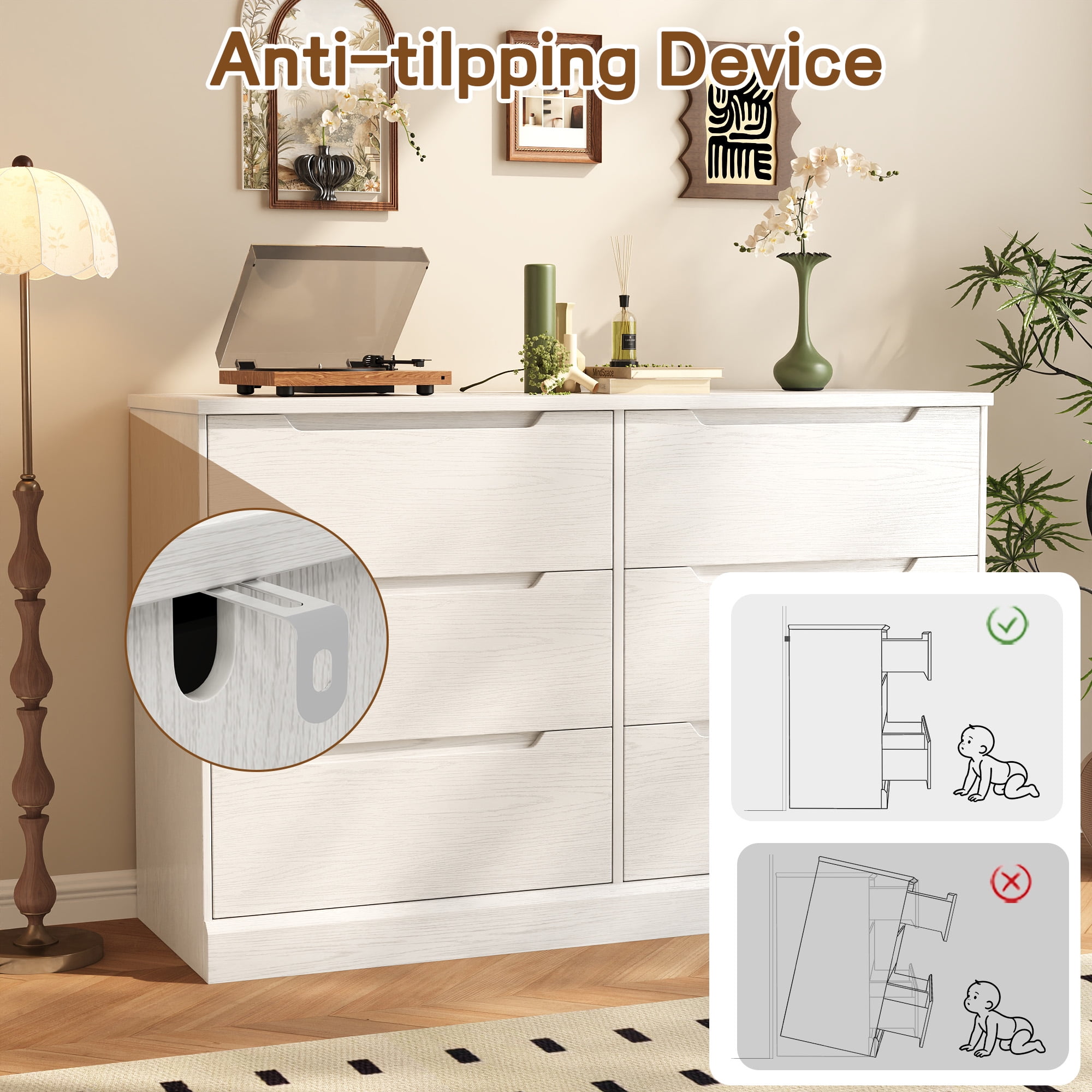 6 Drawer Dresser, Wood Chest of Drawers for Bedroom, White Modern Storage Cabinet Dresser Organizer Unit for Living Room, Closet