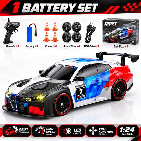 AIGIA Remote Control Car 1:24 Scale RC Drift Car 4WD 2.4GHz 30KM/H High Speed Racing Sport Toy Car with LED Lights Racing and Drift Wheels (1/2/3 Batteries)