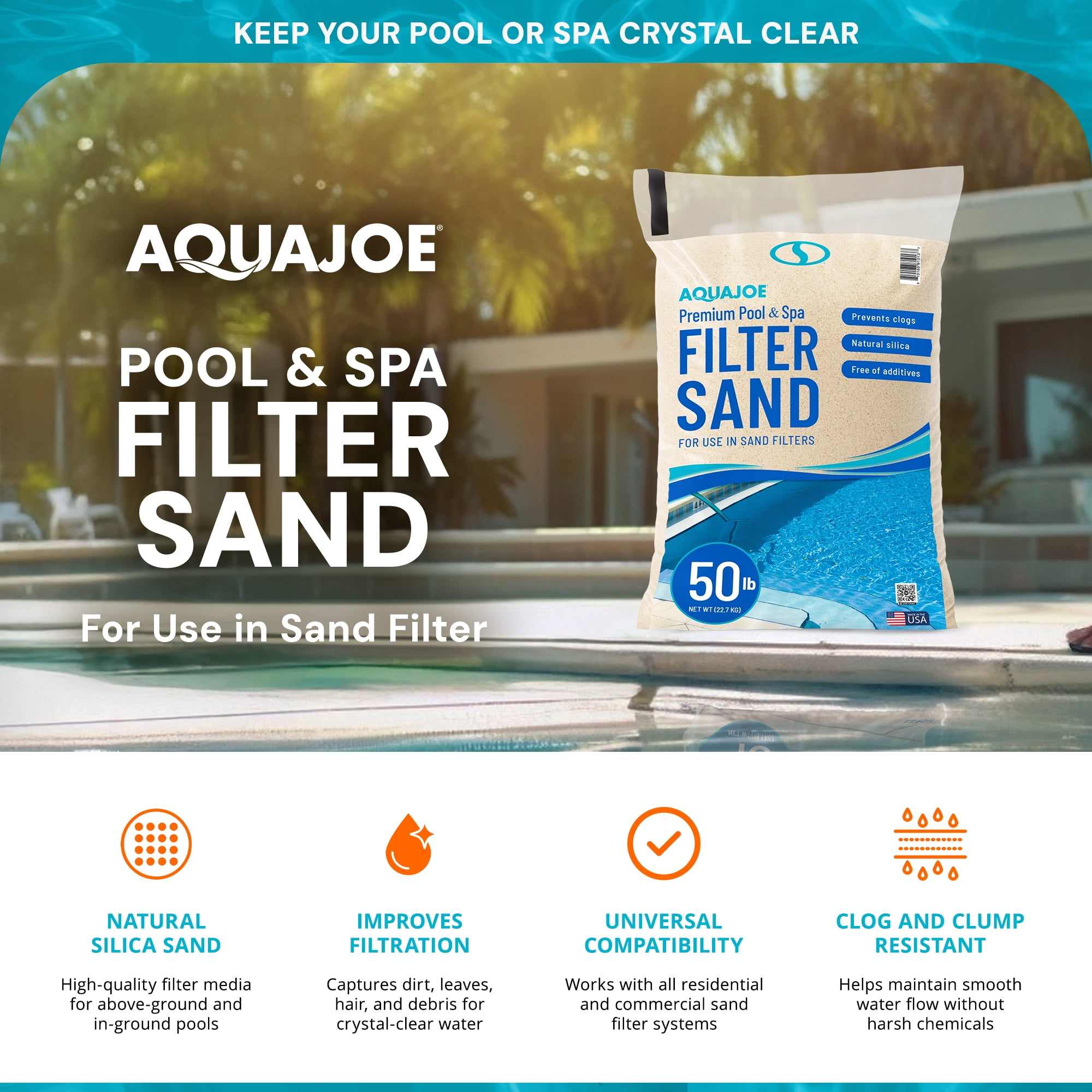 Aqua Joe Pool & Spa Filter Sand, Natural Silica Media for Sand Filter Systems, 50 lb Bag