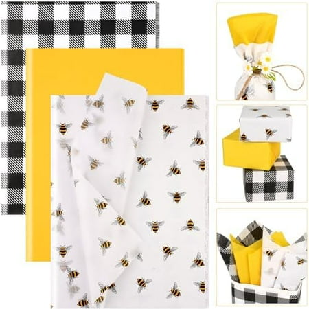 100 Sheets 20 * 14 Inches Bee Tissue Paper for Gift Wrapping Buffalo Plaid Tissue Paper for Gift Bags Yellow Tissue Paper for Birthday Bee Themed Party DIY Craft