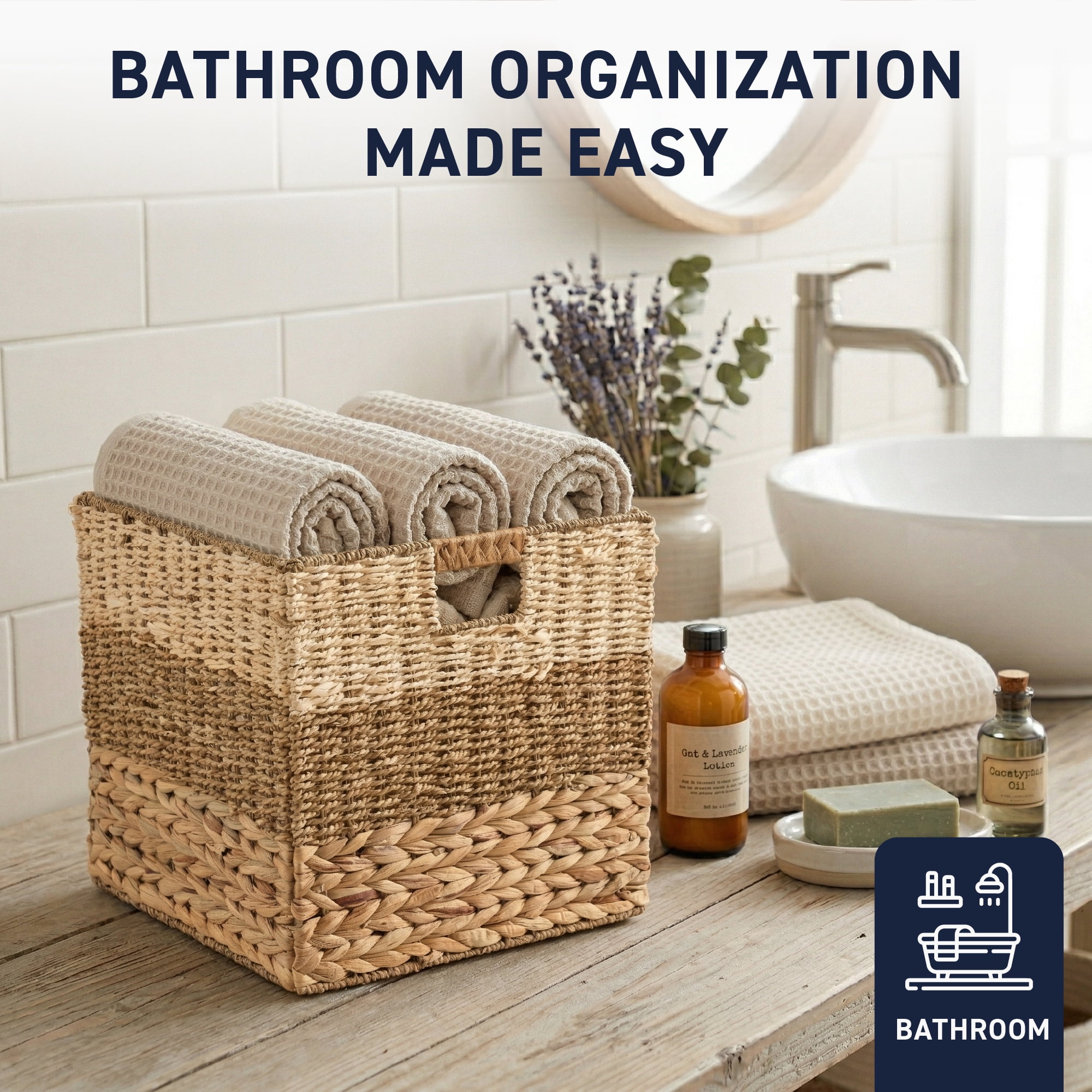 Ornavo Home 13" x 13" Inch Water Hyacinth Storage Basket Set of 6 with Handles | Natural Handwoven Mixed Weave Wicker Organizer Bins for Shelves, Closet, Living Room, Bathroom, Pantry and Laundry