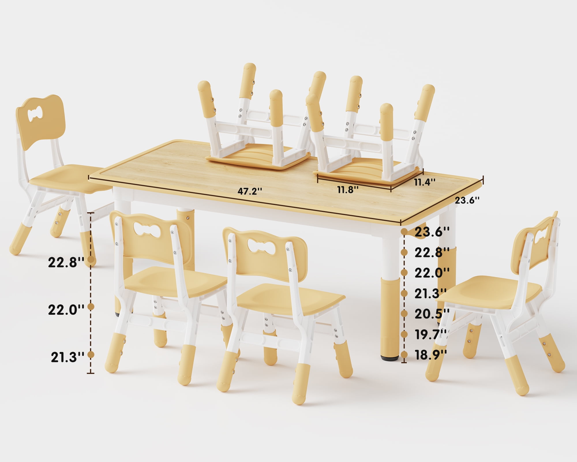 MAVINEX Kids Table and 6 Chairs Set, Height Adjustable, Beige Wood Finish, Toddler Play Table Ages 2-10