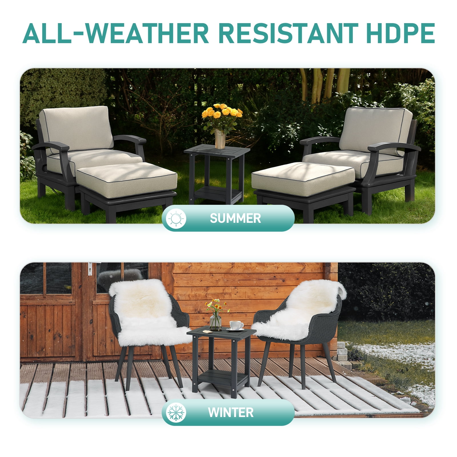 2-Tier Round HDPE Outdoor Side Table Weather Resistant Patio End Table Dark Gray Porch Balcony Storage Side Table