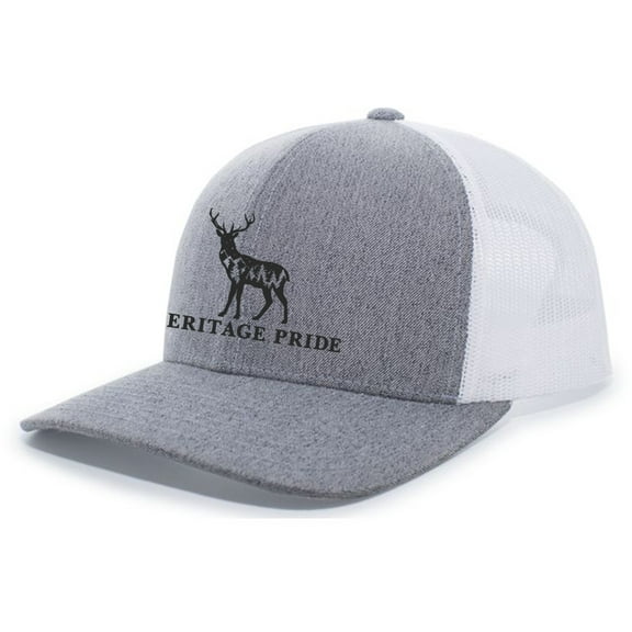 Heritage Pride Scenic Deer Mens Embroidered Mesh Back Trucker Hat Baseball Cap, Heather Grey/White