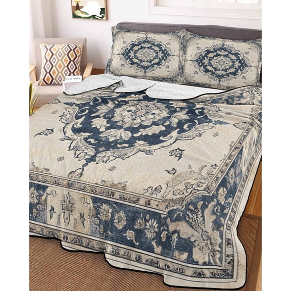 Navy Blue Boho Queen Size Down Alternative Comforter, Lightweight Comforter Quilt Bedding Set with Pillow Shams Retro Southwestern Ethnic Geometric All Seasons Bed Comforter Duvet Insert 90"x96"