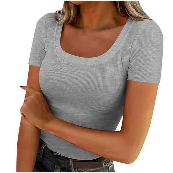 Timegard Ribbed Top for Women Square Neck Short Sleeve Slim Fitting Comfy Going out Top Summer Casual