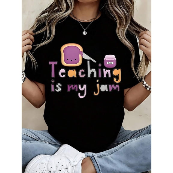 【New Arrival】Teaching Is My Jam Cute Toast Jam Jar Cartoon Graphic T-Shirt, Unisex Cotton Crew Neck Funny Teacher Casual Tee, Back To School Educator Gift
