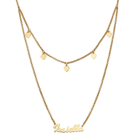 Personalized Rhodium or Gold Plated Layered Name Necklace with Heart Charms