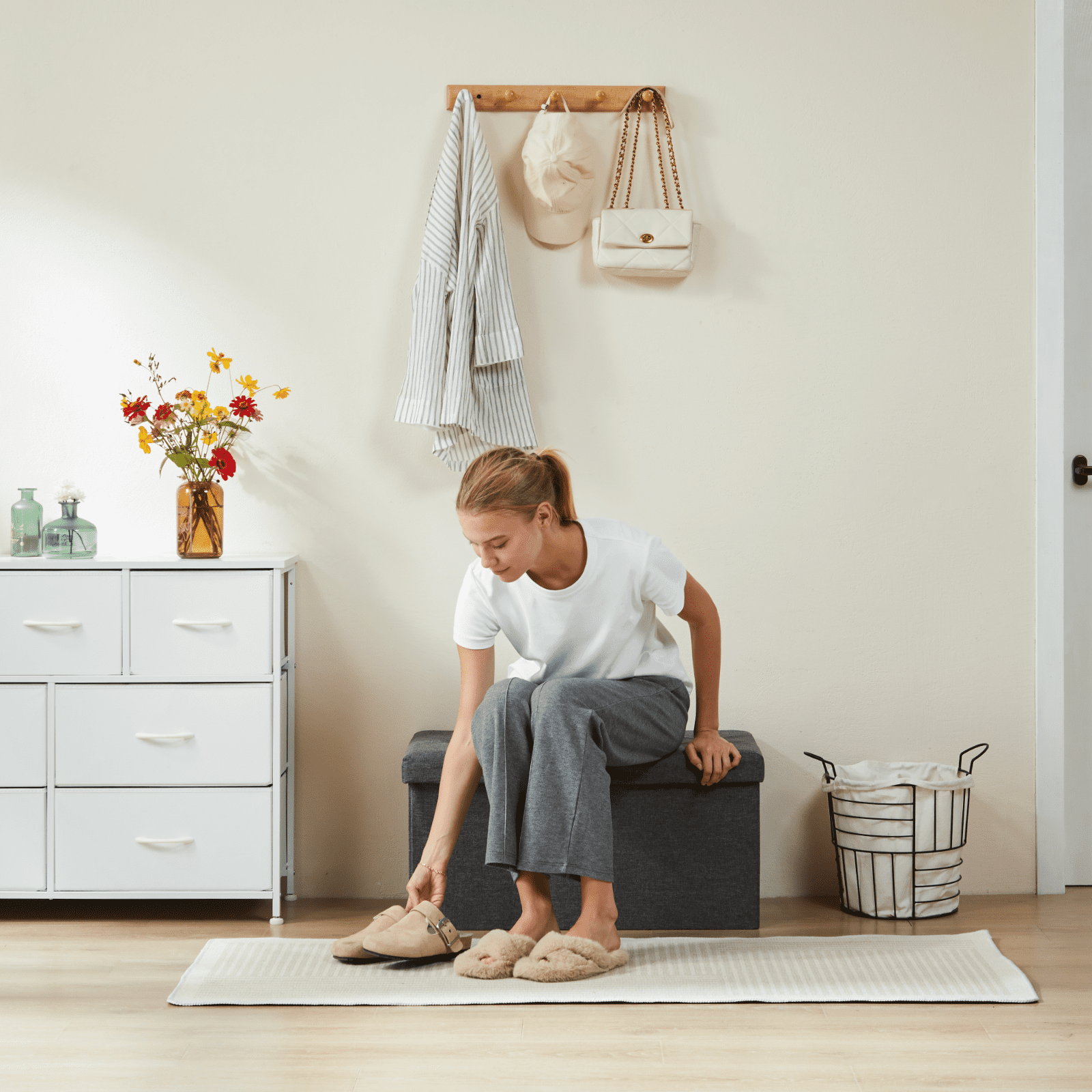 MAYEERTY Storage Ottoman with Thicker Foam Padded Seat, Folding Foot Rest for Living Room End of Bed Bench