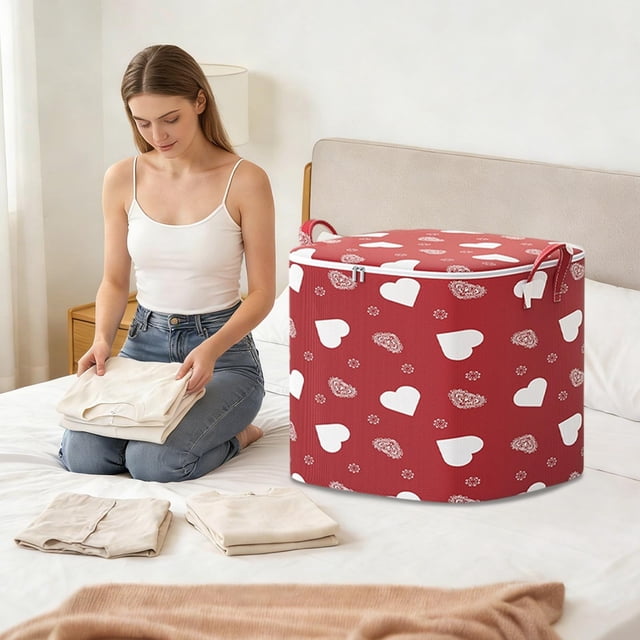 COM1950s Foldable Storage Bag Organizer with Heart Pattern, Large Capacity Zippered Fabric Bin for Closet, 3-Sizes Set Includes Red Storage Box for Clothes, Blankets, Toys