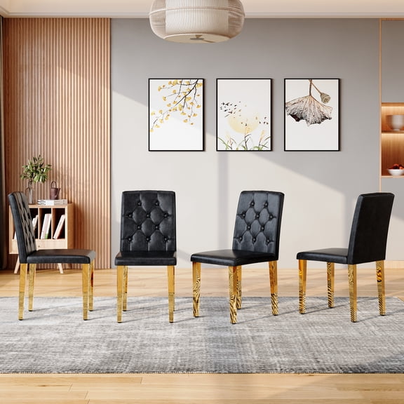 Black PU Dining Chair Set of 4, Ergonomic Buckle Backrest, 35 Inches High, Golden Metal Legs, Suitable for Family Dining Rooms, Hotel Banquet Halls