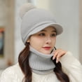 thumbnail image 3 of YAOBAMM Thick Hat Scarf Set Hat Scarf Set 2 Pcs Set Knitted Plush Ball Decor Solid Color Knitted Elastic Soft Thermal Windproof Wide Brim Baseball Neck, 3 of 6