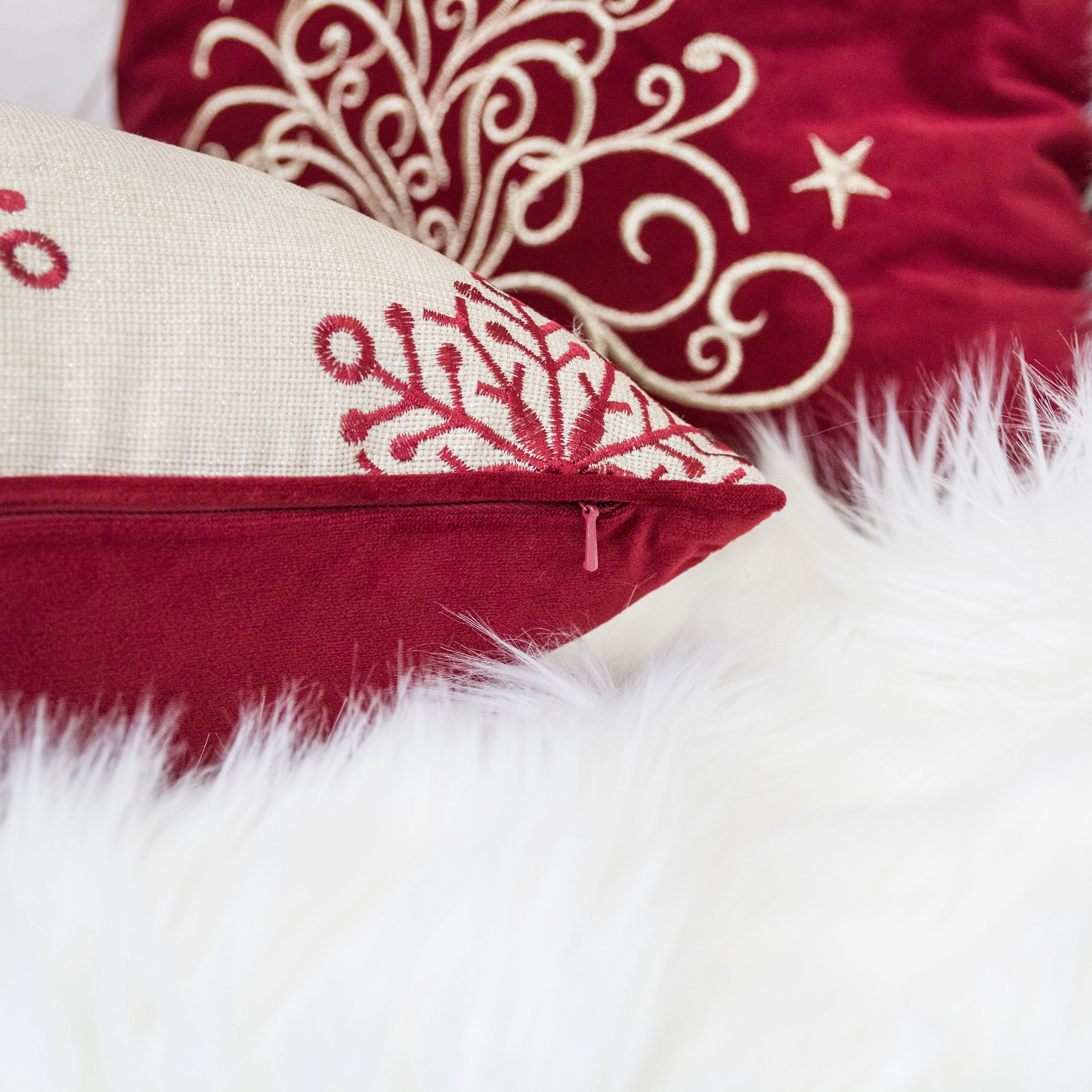 Merry Christmas Embroidered Throw Pillow with Reindeer Snowflakes Trees 20x20 Inch Holiday Decor