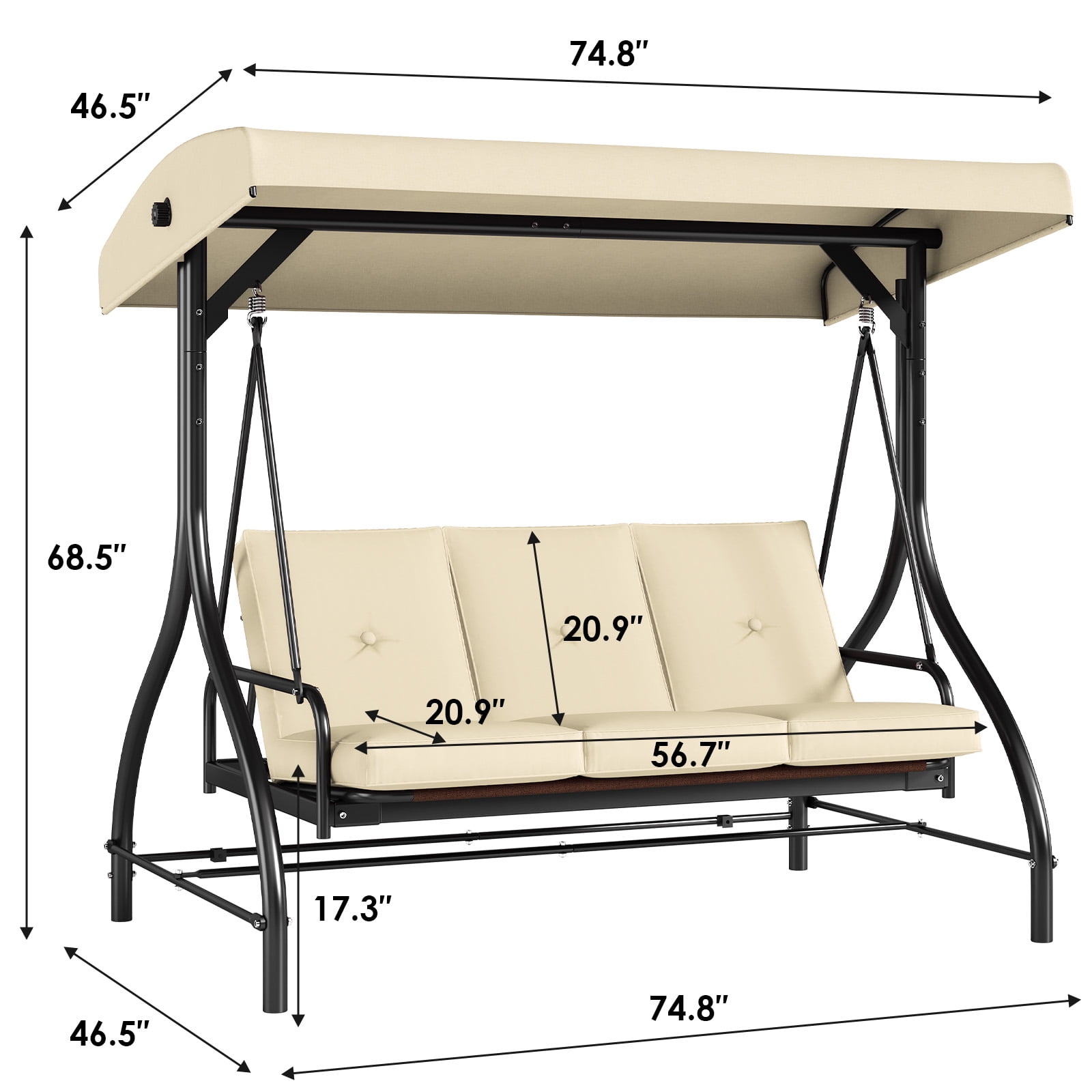 Arlopu 3 Person Porch Swing Outdoor Swing Chair with Adjustable Canopy & Cushions for Backyard Garden, Beige