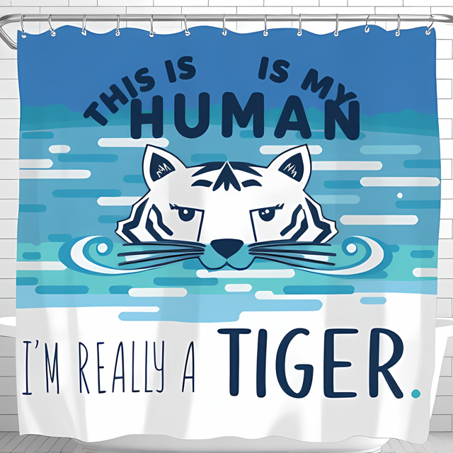 Whimsical White Tiger Shower Curtain - Amusing Design with Bold Text for Cat Lovers - Water Theme