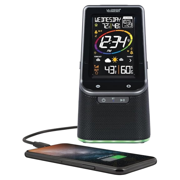 S87078 Color Wireless Weather Station with Bluetooth Speaker & USB Port, Black