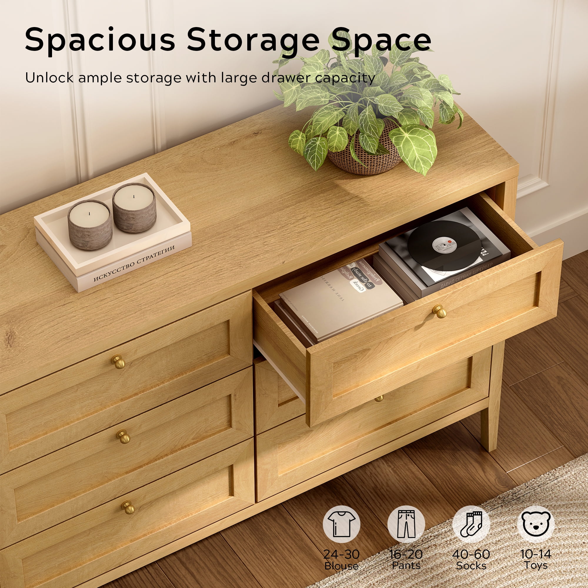 EYYTHUNG Modern 6-Drawer Storage Dresser for Bedroom, Chest of Drawers with Golden Handles, Cabinet Side Table, Natural Oak