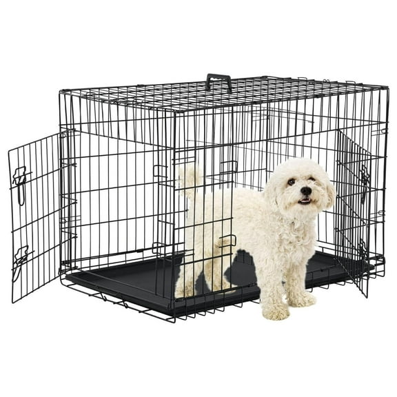 24'' Foldable Metal Wire Dog Crate Double Door, Folding Portable Dog Cage Double Lock, Collapsible Small Dog Crate w/Leak-Proof Pan/Divider/Handle, Puppy Crate Dog Kennel for Small Dogs Indoor