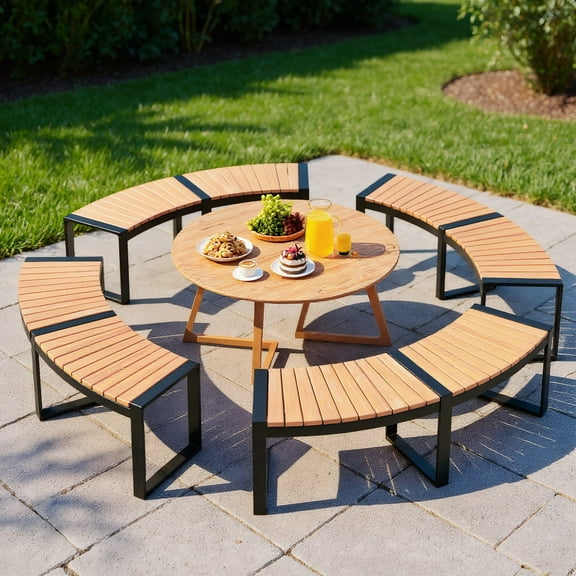 Resenkos Garden Bench, Patio Bench, Patio Curved Bench with Slatted Seat and Metal Legs-2 Pieces