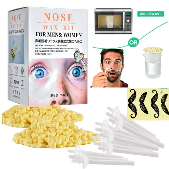 Nose Wax Kit for Men Women,Eyebrows Ears Lips Facial Nose Removal Waxing Kit with 1.76oz Wax 20 Applicators 10 Paper Cups 8 Moustache Protectors & 1 Measuring Cup