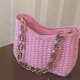 thumbnail image 3 of Bolso de mano con cadena para mujer, Bolso de mano informal tejido de color sólido de paja para mujer (rosa), 3 of 6