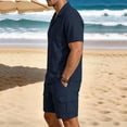 thumbnail image 4 of Eryao Big and Tall Mens Gym Set 2 Piece Button Down Short Sleeve Shirts Matching Drawstring Jogger Shorts with Pockets Summer Cotton Linen Lounge Sets,Navy,XL, 4 of 6