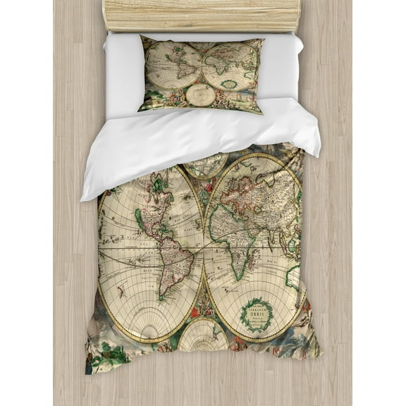 World Map Duvet Cover Set, Antique Design with Renaissance Continents and Hemispheres Vintage Art, Decorative 2 Piece Bedding Set with 1 Pillow Shams, Twin Size, Multicolor, by Ambesonne