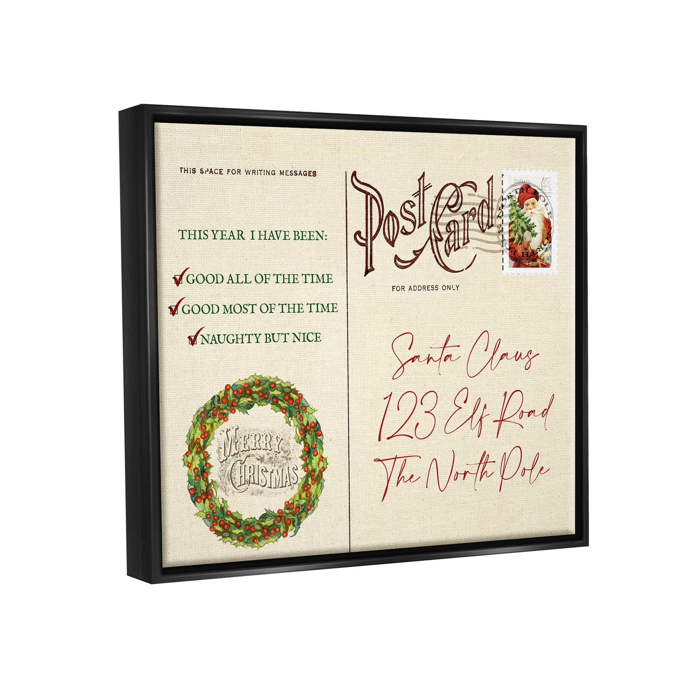 Stupell Industries Merry Christmas Vintage Postcard Graphic Art Jet Black Floating Framed Canvas Print Wall Art, Design by Lil' Rue