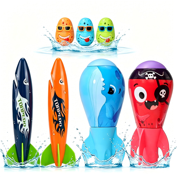 7PCS Pool Diving Torpedoes Set, 9'' Large Shark Torpedo with Color Clown Eggs Pool Diving Toys for Kids Gift for Swimming Training Lessons Summer Outdoor Pool Party Toy