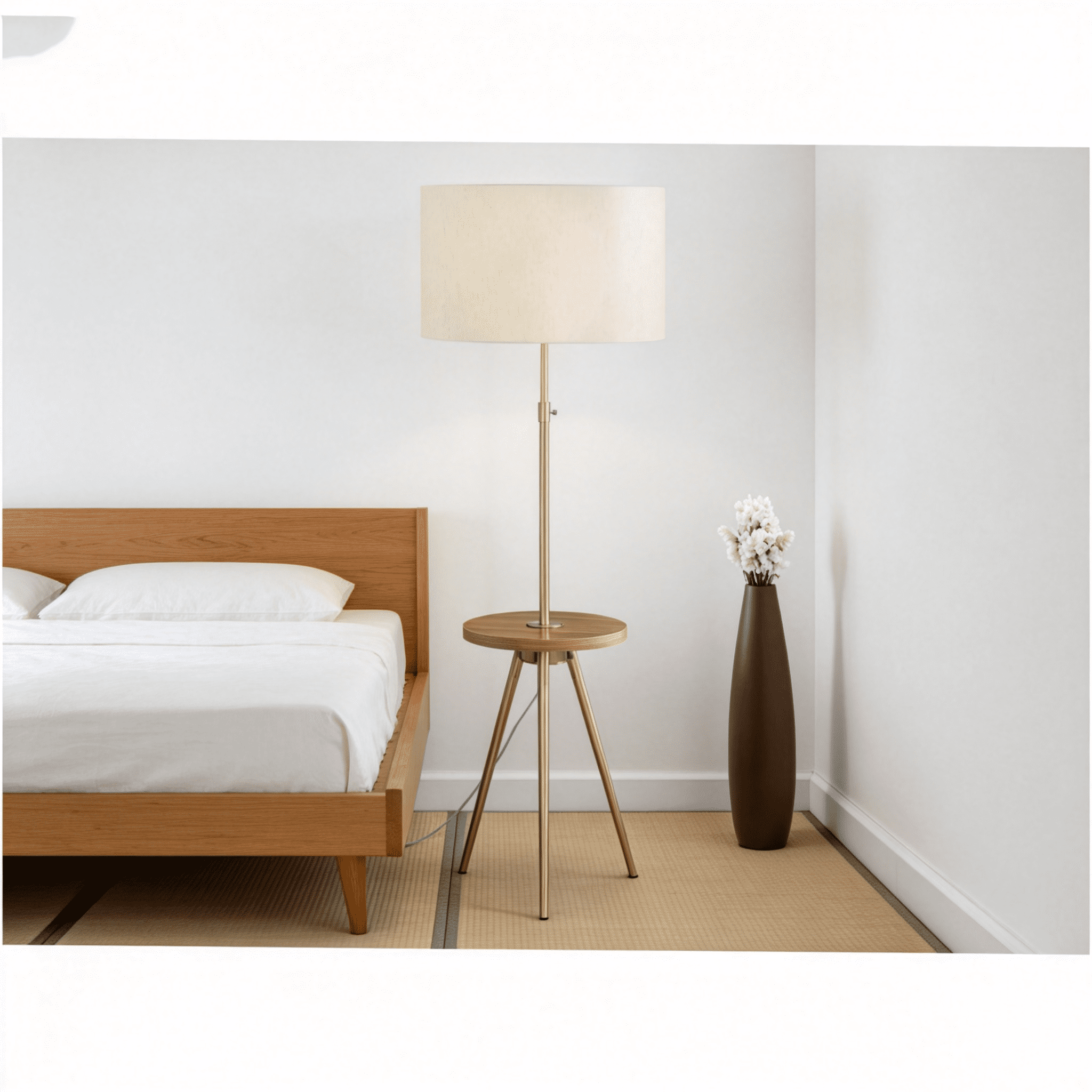 JERFIT Modern Tripod Floor Lamp with Side Table, Adjustable Reading Light for Living Room, Bedroom, Office, Gold Metal, Ivory Drum Shade