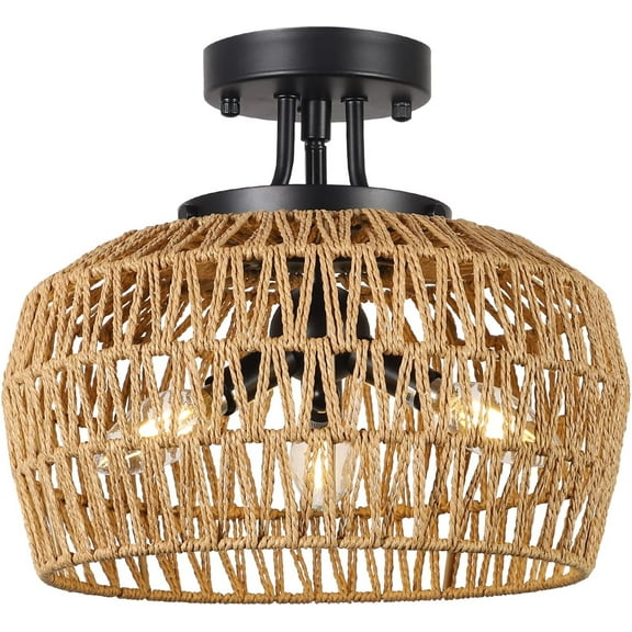 BINUFF Handmade Rattan Semi Flush Mount Ceiling Light 3-Lights in Boho Style 12.6" for