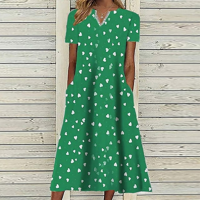 EGNMCR Robes d'Été Femmes Tendance 2024 Femmes Été Décontracté Imprimé Col en V Manches Courtes Robe
