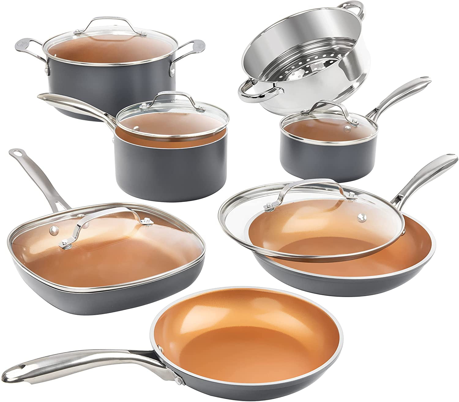 Gotham Steel Diamond 12 Piece Cookware Set, Non-Stick Copper Coating, Includes Skillets, Frying Pans and Stock Pots, Dishwasher and Oven Safe, Graphite
