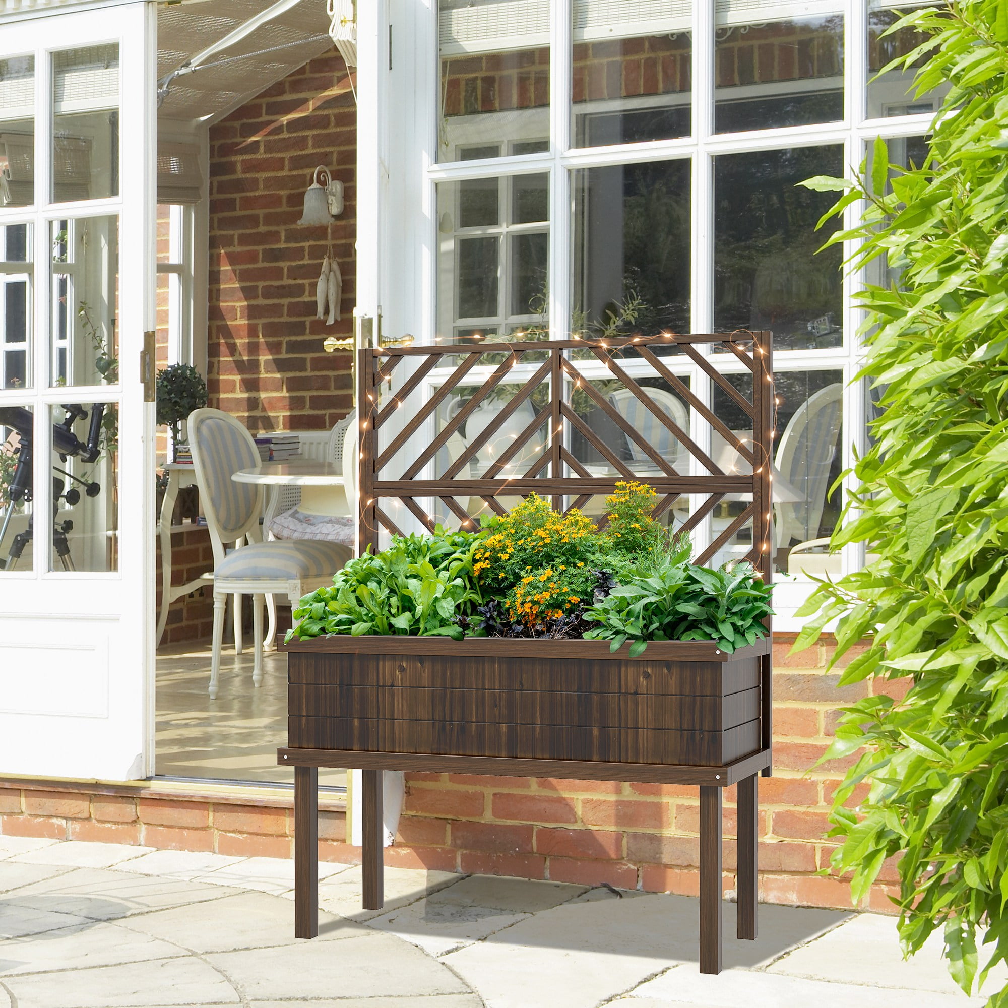 Raised Garden Bed with Trellis for Climbing Plants, Vegetable, Grape Vines, Wood Planter with Legs, Drainage Holes and Filter for Outdoor Garden, Patio, Carbonized