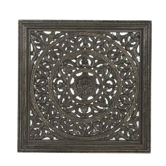 24" Square Lattice Carved Solid Wood Framed Wall Panel | Indian Jali Wall Hanging Distressed Black Finish | Modern Farmhouse Wall Decor