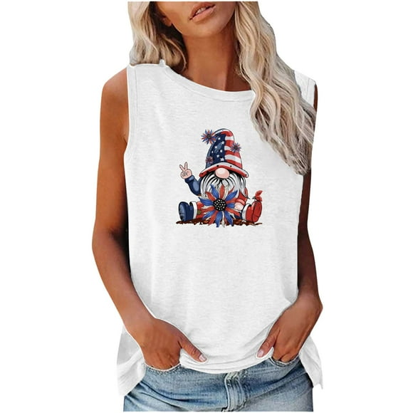 fartey Graphic Tank Tops for Women 4th of July American Flag Gnome Print Tees Loose Fit Crewneck Sleeveless Patriotic Vest Shirt